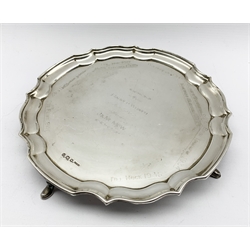 Small silver circular salver with pie crust border presented to the greyhound trainer Harold Wright (1884-1974) and engraved with the names of the nine winners of The Waterloo Cup that he trained.D20cm Sheffield 1959 Maker Stone Bros. 11.3oz