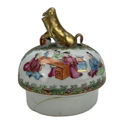 19th century Chinese Canton famille rose vase and cover, of baluster form with twin gilt dog of fo mask handles and knop, painted with panels of figures and birds against a foliate ground, H49cm 