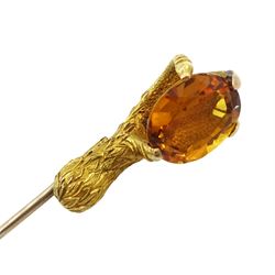 Victorian 18ct gold eagle talon claw stick pin set with a single stone oval citrine