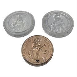 Three Queen Elizabeth II two ounce fine silver five pound coins, comprising 2017 'Griffin of Edward III', 2020 'White Horse of Hanover' and 2020 'White Lion of Mortimer'