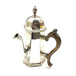 Victorian Britannia standard silver side pouring chocolate pot of panel sided design with domed cover and stained wood handle H18cm London 1880 Maker Holland, Son and Slater 11.9oz gross 