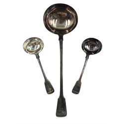 George IV silver fiddle pattern soup ladle engraved with initials London 1825 Maker William Chawner and a pair of matching sauce ladles by the same maker London 1826  
