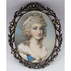 Attrib. George Engleheart (British 1750-1829): Lady in a Powdered Wig and White Dress, portrait miniature signed 'E' in floral frame with paste stones, plaited hair with jewelled monogram verso 6cm x 4.5cm