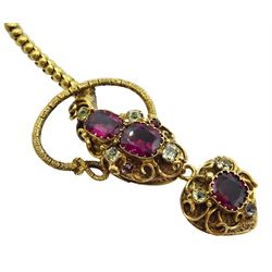 Victorian gold snake necklace, the stylised serpent head set with garnets, chrysoberyl's and gemstones, suspending a heart shaped pendant with glazed verso, on an articulated gold snake link chain, in fitted velvet and silk lined case