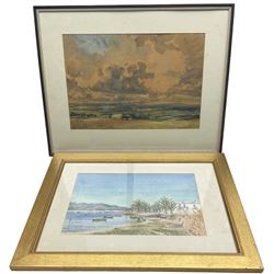 English School (19th/20th Century): 'Exmoor From Anstey Gate', watercolour unsigned, titled beneath mount 30cm x 44cm; Continental School (20th Century): Sunny Harbour Scene, watercolour indistinctly signed, dated '54, 25cm x 39cm (2)