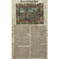 Virgil (Virgilius) Solis (German 1514-1562): 'Ruben and the Harvest', woodcut leaf with hand colouring from German Luther Bible c.1561, 34cm x 21cm