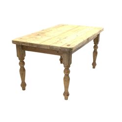 Victorian style pine kitchen dining table, rectangular top raised on turned supports 89cm x 152cm, H77cm