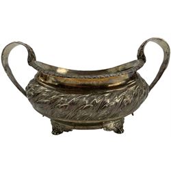 George III silver two handled sugar bowl of rectangular form with later embossed leaf and floral design on winged paw feet W20cm overall London 1779 , makers mark rubbed 