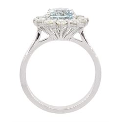18ct white gold oval aquamarine and round brilliant cut diamond cluster ring, hallmarked, aquamarine approx 2.10 carat, total diamond weight approx 0.75 carat