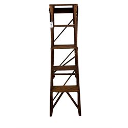 Jones's Patent - early 20th century pine library or shop step ladder, five tread, with patent lattice work mechanism, stamped with maker, serial number and dated 1919