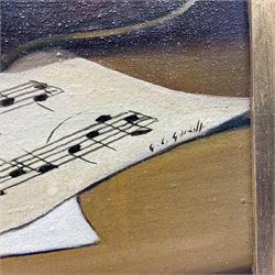 Giancarlo Garzelli (Italian 1939-1967): Still Life with Violin and Sheet Music, oil on canvas signed 39cm x 59cm