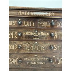 Victorian mahogany chest, frieze drawer over two short and three long drawer, with later haberdashery advertising lettering 