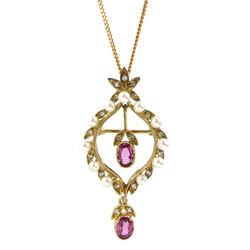 Gold pearl, diamond and pink stone brooch/pendant, on gold chain, both hallmarked 9ct