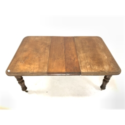Victorian mahogany extending dining table, rectangular moulded top raised on turned lobe carved supports with brass cup castors, two additional leaves 