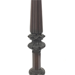 Early 20th century mahogany Gothic torchere, circular top sat upon foliage carved, reeded and fluted column, three outsplayed supports, top diameter - 24cm, H107cm