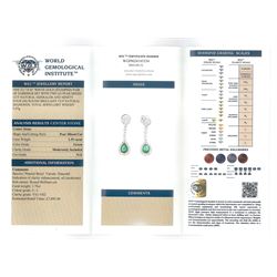 Pair of 18ct white gold pear cut emerald and round brilliant cut diamond pendant stud earrings, total emerald weight 1.55 carat, total diamond weight 1.76 carat, with World Gemological Institute Report