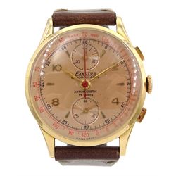 Exactus 18ct gold gentleman's manual wind chronograph wristwatch, tachymeter and telemeter dials, back case No. 178, Swiss hallmarks, on tan leather strap