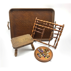 Early 20th century oak twin-handled tray, L61cm, solitaire board with glass marbles, a stool and a turned wooden coat rack 