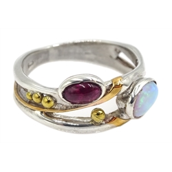 Silver and 14ct gold wire ruby and opal ring, stamped 925