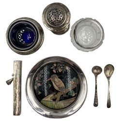 Early 20th century silver pin dish inset with an enamel panel of a bird on a branch D8.5cm, Victorian silver pepperette, silver salt, silver needle case and a glass salt with silver collar and two condiment spoons