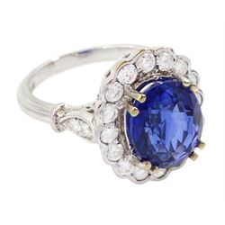 18ct white gold oval cut sapphire and round brilliant cut diamond cluster ring, sapphire approx 3.05 carat