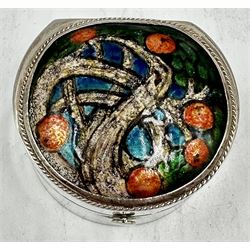 Modern silver box, of rounded form, the cover mounted with an Arts & Crafts enamel panel of an orange tree by H G Murphy, circa 1920, hallmarked Jon Braganza, London 2018, H4.5cm x W7cm
