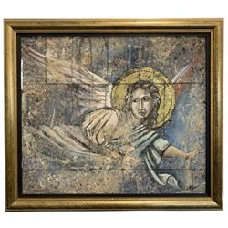 English School (20th century): Renaissance Style Archangel Fresco, oil on canvas mounted onto board unsigned 58cm x 76cm
Provenance: A prop used during filming the film The Da Vinci Code, the Chapter House Lincoln.