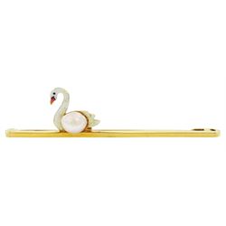 Early 20th century pearl and enamel swan brooch, stamped 15ct