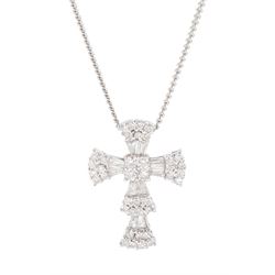 18ct white gold round brilliant cut and tapered baguette cut diamond cross pendant necklace, hallmarked, total diamond weight 0.40 carat