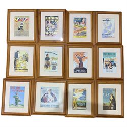 Large collection of reproduction WWII posters including 'Dig for Victory', 'Come into the Factories', 'Women of Britain say GO!' and 'Your Country needs You', housed in matching pine frames each 28cm x 20cm (12)