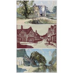 H (Buck) Whaley (British mid-20th century): 'Jonny Curson's Cowshed Hetherset Norwich' and 'Falcon Square', two watercolours and a linocut print one signed max 25cm x 33cm (3)