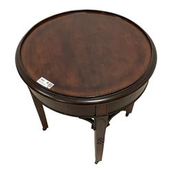 Georgian Chippendale design mahogany side table, circular top with raised edge over plain frieze, on square supports with C-scroll brackets and geometric moulding, on castors