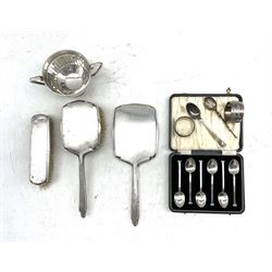 Silver two handled sugar bowl Birmingham 1930, set of six silver seal top coffee spoons, two silver serviette rings, silver backed three piece dressing table set and two silver tea spoons, weighable silver 7.7oz 