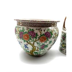 Pair of 20th Century Chinese jardinieres decorated with flowering shrubs and with seal mark to base D20cm and a Chinese cylindrical teapot