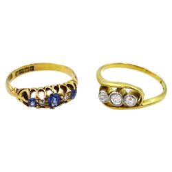 Early 20th century 18ct gold three stone old cut diamond ring, total diamond weight approx 0.30 carat and an 18ct gold sapphire and diamond ring, Birmingham 1900
