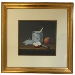 J Mostin (British contemporary): 'Billy Can with Apple', oil on canvas signed and dated 2004, 27cm x 30cm