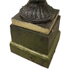 Pair of 20th century cast iron Campana-shaped urns on plinths 