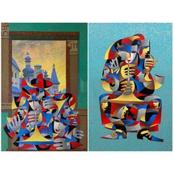 Anatole Krasnyansky (Ukraine/American 1930-): 'Brass & Boots' and 'Gold & Teal Overlooking the City', two colour serigraphs the former numbered AP 33/50 max 94cm x 62cm (2)