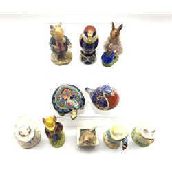 Two Beswick Beatrix Potter figures 'Tom Kitten and Butterfly' and 'Tom Thumb', brown backstamps, three Doulton Brambly Hedge figures, two Bunnykins figures and three Royal Crown Derby paperweights 'Terrapin', 'Robin' and 'Bee Eater'