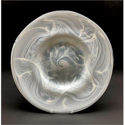 Large Uredale Glass studio dish, decorated with opaque swirl decoration by Timothy J. Simon, D38cm 