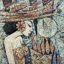 Balinese School (20th century): Woman at Fish Market, mixed media on canvas indistinctly signed and dated '90, 39cm x 39cm