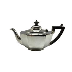 Silver teapot of panel sided design with ebonised handle and lift London 1921 Maker Charles Alfred Alston 19oz gross