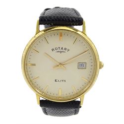 Rotary Elite gentleman's 18ct gold quartz wristwatch, cream dial with date aperture, on black leather strap
