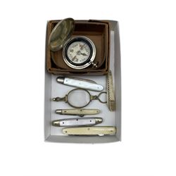 Silver and mother of pearl fruit knife, pocket compass, other fruit knives and a pair of lorgnette