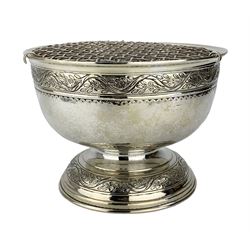 Liberty & Co silver Arts and Crafts rose bowl with spot hammered decoration and trailing bands of flowers on a short pedestal foot D25.5cm Birmingham 1938