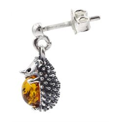 Pair of silver Baltic amber hedgehog pendant stud earrings, stamped 925 