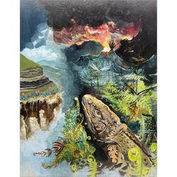 Sheila Gertrude Mackie (Northern British 1928-2010): Alligator in Volcanic Landscape, oil on board signed with initials 48cm x 38cm
Notes: this picture is the original of the illustration used in 'The Great Seasons’ by David Bellamy