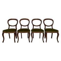 Harlequin set of eight 19th century mahogany dining room chairs, the William IV chairs with a scrolled foliate carved cresting rail and acanthus leaf carved centre rail, oxblood leather drop-in seat over octagonal tapered supports (W47cm H87cm), Victorian set of four balloon back chairs with peridot green seats, on cabriole supports (W48cm H88cm)