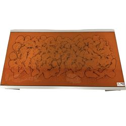 Jean René - 1970s burnished metal coffee table, rectangular form with orange lava effect glass top 