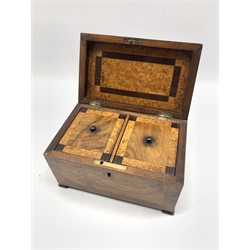 Late Georgian walnut tea caddy of sarcophagus design, the interior in burr elm, walnut and rosewood with two covered containers and on bracket feet W20cm